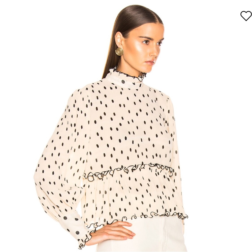 GANNI Lowell Polka Dot Pleated Georgette Top